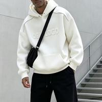 Hoodie Fleece Warna Solid Model Drop Shoulder Custom Berhias Rhinestone dengan Cetakan Embos