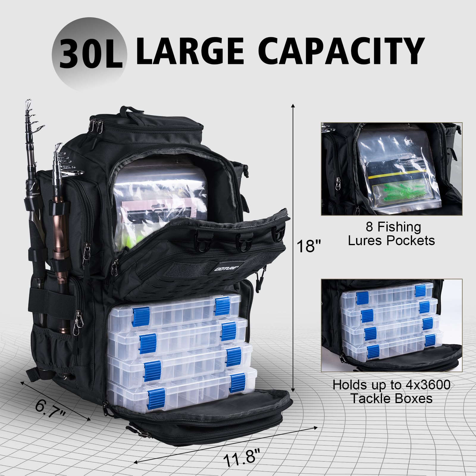 Goture Wasserfester 30L Angelrucksack mit 4 Tackle-Boxen und Regenschutz