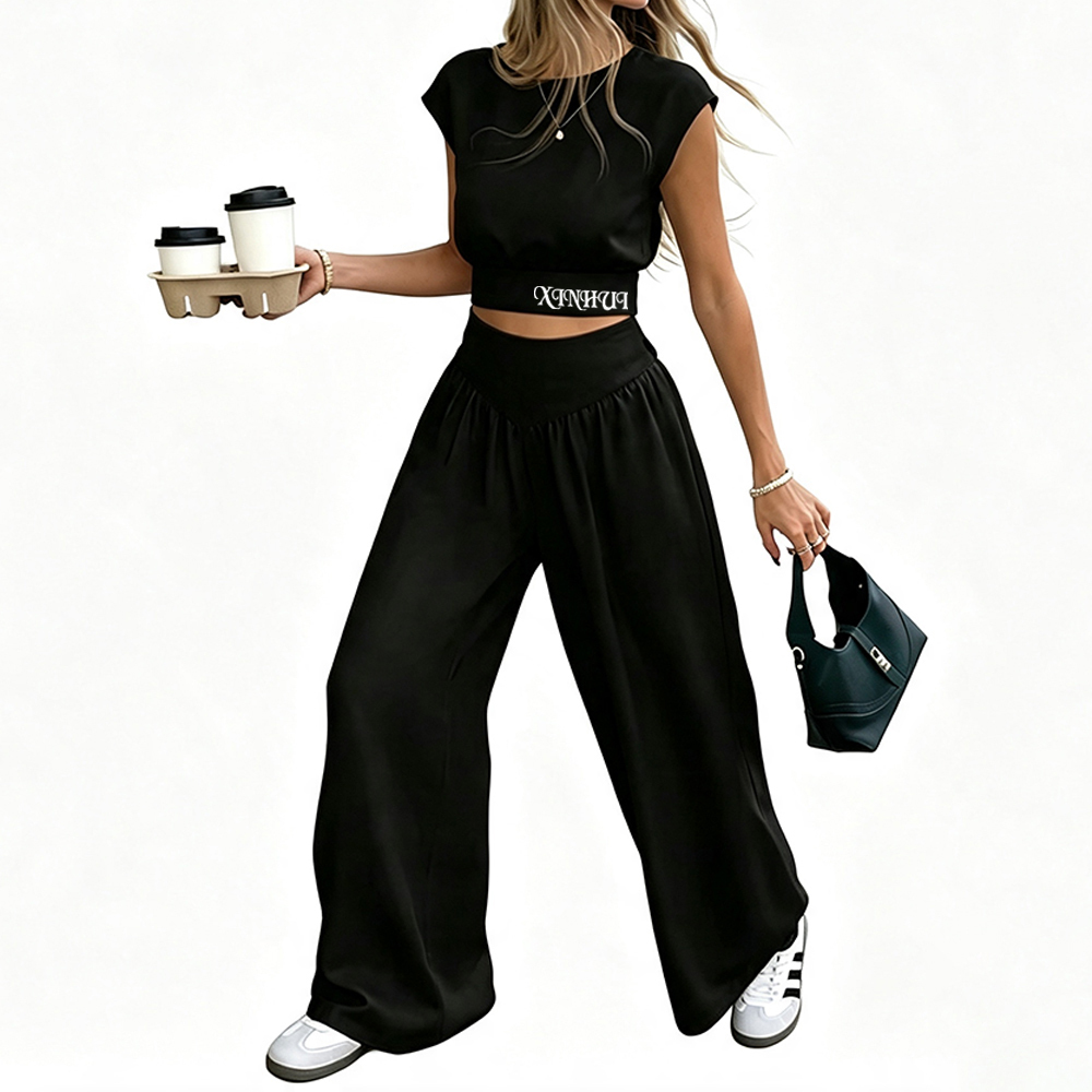 Custom Women Regular Fit Two Piece Outfit Cap Sleeve Crop Top Back Tie Cutout High Waist Wide Leg Pants Ladies Daily Casual Set · image 3