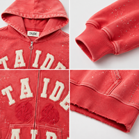 Ensemble sweat à capuche court zippé et short TaiDe sur mesure 800 GSM, délavage vintage, avec appliqué universitaire et strass – Fabricant de vêtements OEM ODM