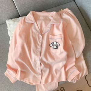 Pyjama en <span class=keywords><strong>satin</strong></span> pour femme, nouvelle collection printemps-automne, simple et décontracté, pantalon à manches longues, taille élastique, confortable, en coton nuage, ensemble de vêtements de maison - Product Image 5