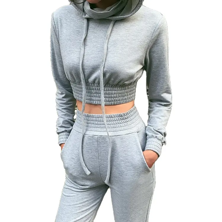 Wanita pinggang tinggi Jogger dan Crop Top Hoody 2-Piece kasual Streetwear Tracksuit Set kebugaran kosong Hoodies & Sweatshirt