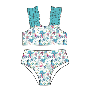 Conjunto de Traje de Baño de Dos Piezas para Niñas, de Seda de Leche, con Estampado Personalizado y Volantes, Servicio OEM para Niños - Product Image 5
