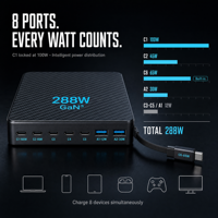 Station de charge GaN 288W, chargeur rapide 8-en-1 USB C PD 100W, câble rétractable pour ordinateur portable et téléphone, fourniture d'usine
