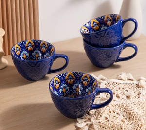 Bohemian Colorful Deep Blue Plant Painted Eco-Friendly Durable Microwave Safe Ceramic Dinnerware <b>Set</b> 18/20/24/36 <b>Pieces</b> Custom - Product Image 4