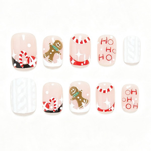 Uñas postizas francesas con diseño de hombre de jengibre navideño y bastón de caramelo, con letras de dibujos animados, al por mayor - Product Image 4