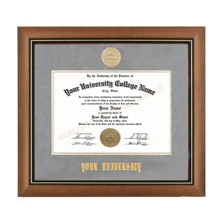 Gri mat açık kahverengi ahşap A4 Diploma çerçeve ile okul adı ve madalya