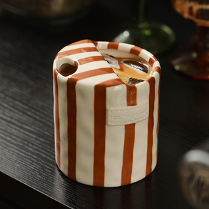 Vintage Coffee to Go Cup Hand Painted Stripe <b>Ceramic</b> <b>Mugs</b> Pottery Coffee Takeaway Cups - Product Image 5