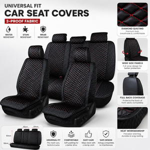 Fundas Universales para Asientos de Auto Luxfit para el Mercado Ruso, Juego Completo para 5 Plazas, Acolchado de Diamantes, Cuero Ecológico, Costuras Rojas, Juego de Protección Interior - Product Image 2