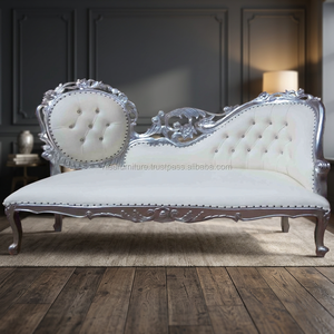 Chaise longue européenne sculptée en bois massif, cadre argenté, revêtement blanc crème en cuir synthétique, mobilier de maison baroque - Product Image 3