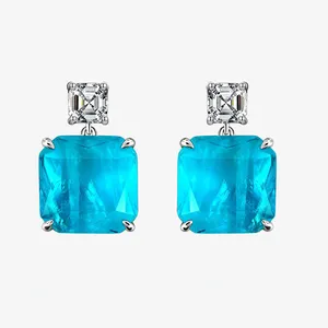 925 sterling silver Gemstone Rectangular Dangle blue earrings Paraiba Tourmaline Drop Earrings for women