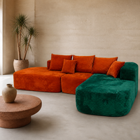 Canapé modulaire en velours côtelé orange brûlé et vert, en forme de L, avec chaise longue, bicolore, profil bas, pour salon