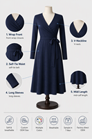 Robe mi-longue pour femme en tricot opaque premium 300GSM, douce, confortable, élégante, col en V, manches longues, idéale pour le bureau, logo personnalisé OEM