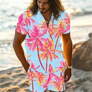 Conjunto de Camisa con Cuello Cubano y Pantalones Cortos con Estampado de Palmeras Tropicales para Hombre, Ropa de Vacaciones, Logotipo Personalizado, Marca Privada OEM - Product Image 4
