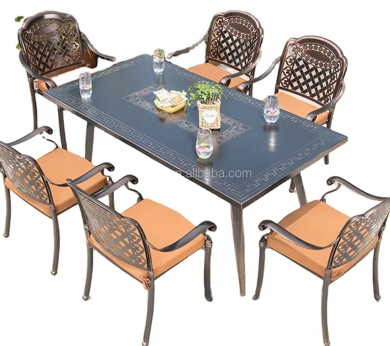 Outdoor courtyard villa rectangular cast aluminum electric grill charcoal grill table and chairs BBQ dining set