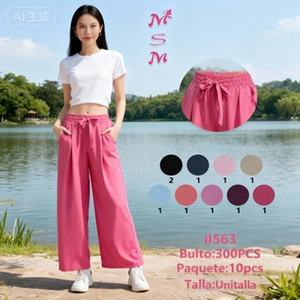 Pantalones de Pierna Ancha para Mujer, Cintura Alta, Largo hasta el Tobillo, Corte Holgado, Plisados, con Cordón, Color Sólido, Transpirables, Casuales, de Verano - Product Image 4