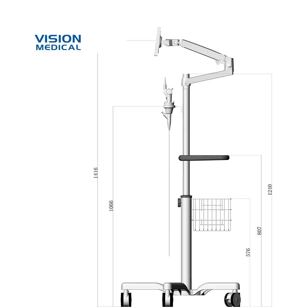 Carrinho do monitor médico abs, base de plástico abs, ipad, tablet, braço giratório, altura do hospital, ajustável, suporte de rolamento