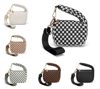 Tas Selempang Kulit PU Motif Kotak-kotak Trendy, Tas Lipstik Mini Anyaman Willow, Dompet Gantungan Kunci Portabel, Tas Clutch Retro