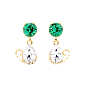 Fashion Drop <b>Earrings</b> PVD Gold Plated 316L Stainless Steel Sustainable Resistant Cat Design Green <b>Crystal</b> <b>Studs</b> - Product Image 2