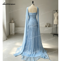 Lakshmigown Gaun Malam Biru Langit Tanpa Tali Halter Gaun Pesta Formal Putri Duyung Sifon Berlipat Mengkilap