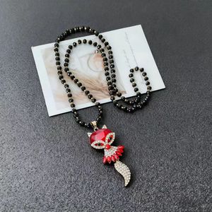 Fox Pendant Necklace Black Beaded Chain Red Animal Design Everyday Wear - Product Image 3
