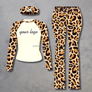Women's Casual Raglan Contrast Color Long Sleeve Skinny Knitting T-Shirt <strong>Leopard</strong> <strong>Print</strong> Yoga Pants Headband <strong>Outfit</strong> 3 Piece Tight - Product Image 2