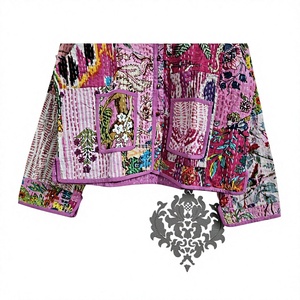 Veste matelassée rose patchwork pour femme, col en V, manches longues, vêtement d'extérieur d'automne, manteau imprimé en polyester tissé avec poche, cadeau pour elle - Product Image 3