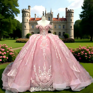 Robe de bal en organza rose, style princesse, avec appliques en dentelle et perles, à volants, décolleté cœur, longueur ras du sol, pour Quinceañera, soirée formelle ou vintage - Product Image 1
