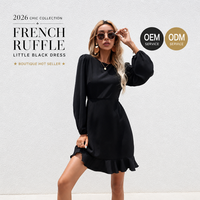 Robe Courte Satinée Marque Privée OEM ODM Usine Col Rond Manches Longues Poignets Bouffants Taille Haute Ourlet Volanté