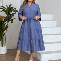 Nouvelle Robe Chemise Tissée Unie Grande Taille pour Femme, Col en V, Manches Mi-longues, Boutons, Cordon de Serrage, Jupe Évasée, Élégante et Simple