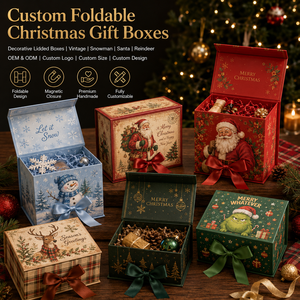 Boîtes cadeaux de Noël pliables magnétiques personnalisées imprimées avec des motifs décoratifs vintage Grinch, bonhomme de neige, Père Noël, renne, avec couvercles - Product Image 1