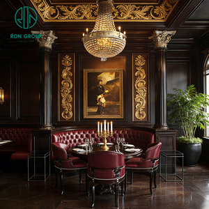 Ensemble de table et de chaises de café rondes en bois de style européen classique, banquette en cuir rouge semi-circulaire, ensemble de meubles de restaurant - Product Image 1