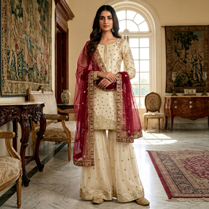 Conjunto de Kurta Tradicional Hindú-Pakistaní para Mujer, Color Crema, Bordado, con Dupatta Color Granate, Largo hasta el Tobillo, Ropa Étnica - Product Image 1