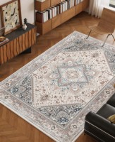 Tapis YOHD à motif floral persan en polyester, à poils ras, fabriqué à la machine, résistant à l'usure, lavable, antidérapant, résistant aux taches, écologique, pour le voyage
