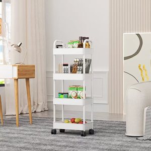 <b>Trolley</b> Storage Rack White And Black <b>4</b> Tier With <b>Wheels</b> For Kitchen Living Room Minimalist Design Easy Cleaning Standing Type - Product Image 1