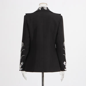Venta al por mayor de las mujeres nuevo elegante 3D bordado negro de un solo botón sólido tejido Blazer con bolsillos de solapa - Product Image 3