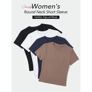 เสื้อยืดผู้หญิงแขนสั้นทรงครอปท็อปสีพื้นแบบรัดรูปสำหรับออกกำลังกายหรือใส่ลำลองสไตล์ Y2K แพ็ค 4 ตัว - Product Image 4