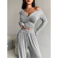 Automne 2026 Prêt-à-porter à manches courtes coupe ajustée Sexy col en v à manches longues pantalon large à la mode décontracté femmes pyjamas ensemble