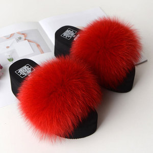 Real Fox Fur Slippers Woman Summer Open Toe Wedge Heels <b>Slides</b> Sandals Ladies Cute Plush Fluffy Shoes Women's Furry Slippers - Product Image 5