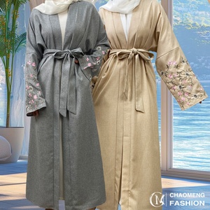 Latest Popular Linen Material Muslim Ladies Flower Embroidery With Pockets Open Abaya 3 Colors 1407# - Product Image 1