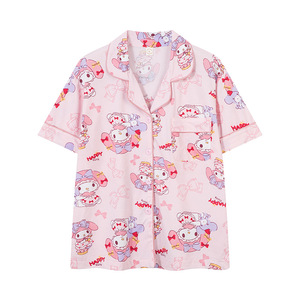 Novedad de verano para mujer, conjunto de cárdigan de algodón de talla media con solapa de manga corta, ropa bonita para el hogar, pijamas para pijamas familiares - Product Image 5