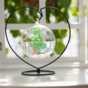 Réservoir à poissons en verre suspendu de bureau, Mini herbe, amusant, réservoir à poissons transparent, cylindre, bol en fer, support, accessoires d'aquarium, fleur - Product Image 5
