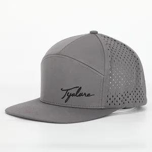 Hat Embroidery Custom Luxury Men Plain 7 Panel Flat Bill Waterproof Laser Cutting Hole Perforated Hat Embroidery Logo Snapback Cap