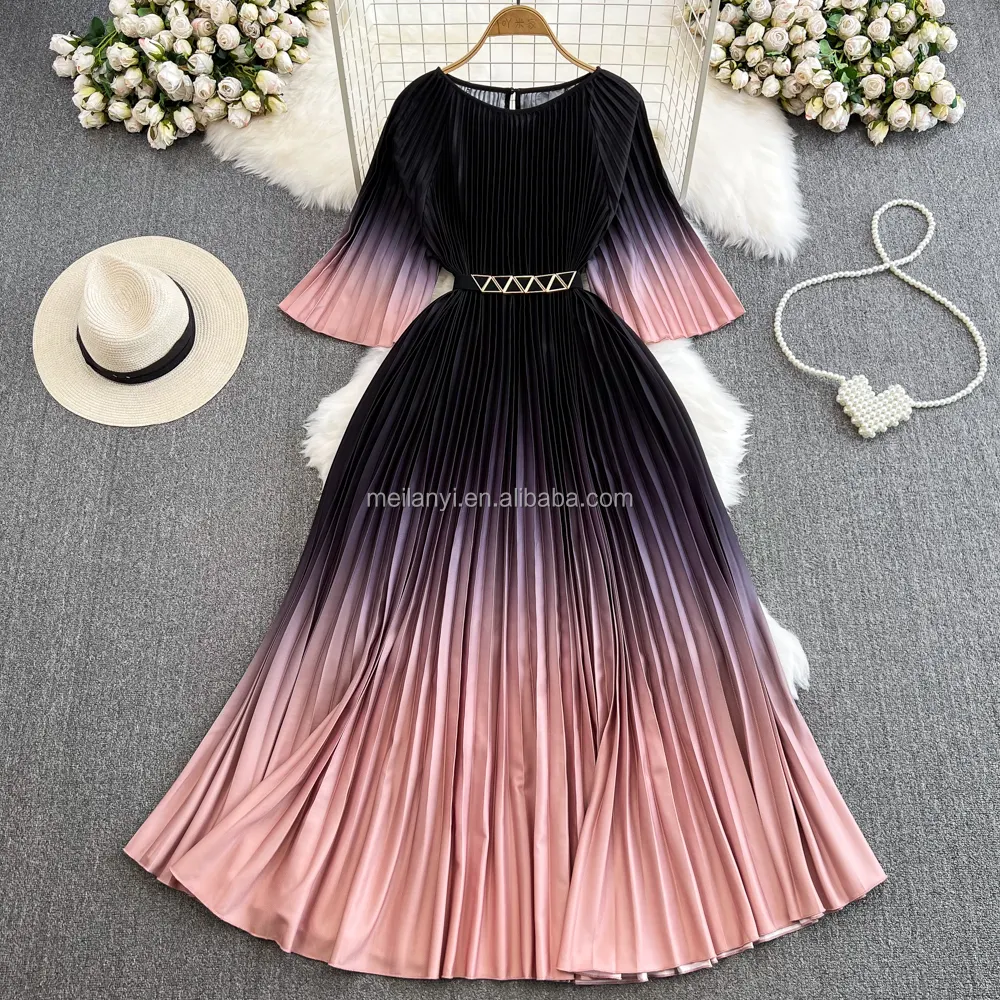 レジャー高級婦人服2023新しい明るい色のプリントコーン折りたたみ式長袖気質特大レディースドレス