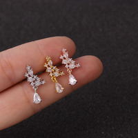 1Pcs Anting Tusuk Emas Perak Mutiara Kerang Bunga Model Gantung Berhiaskan CZ untuk Tindik Tulang Rawan Helix Conch Rook