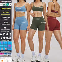Set Celana Pendek Yoga Biru Wanita, Bra Olahraga Pinggang Tinggi, Pakaian Aktif untuk Fitness