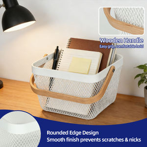 Panier de rangement blanc de haute qualité pour pique-nique, panier à fruits en fer forgé avec poignée en bois - Product Image 3