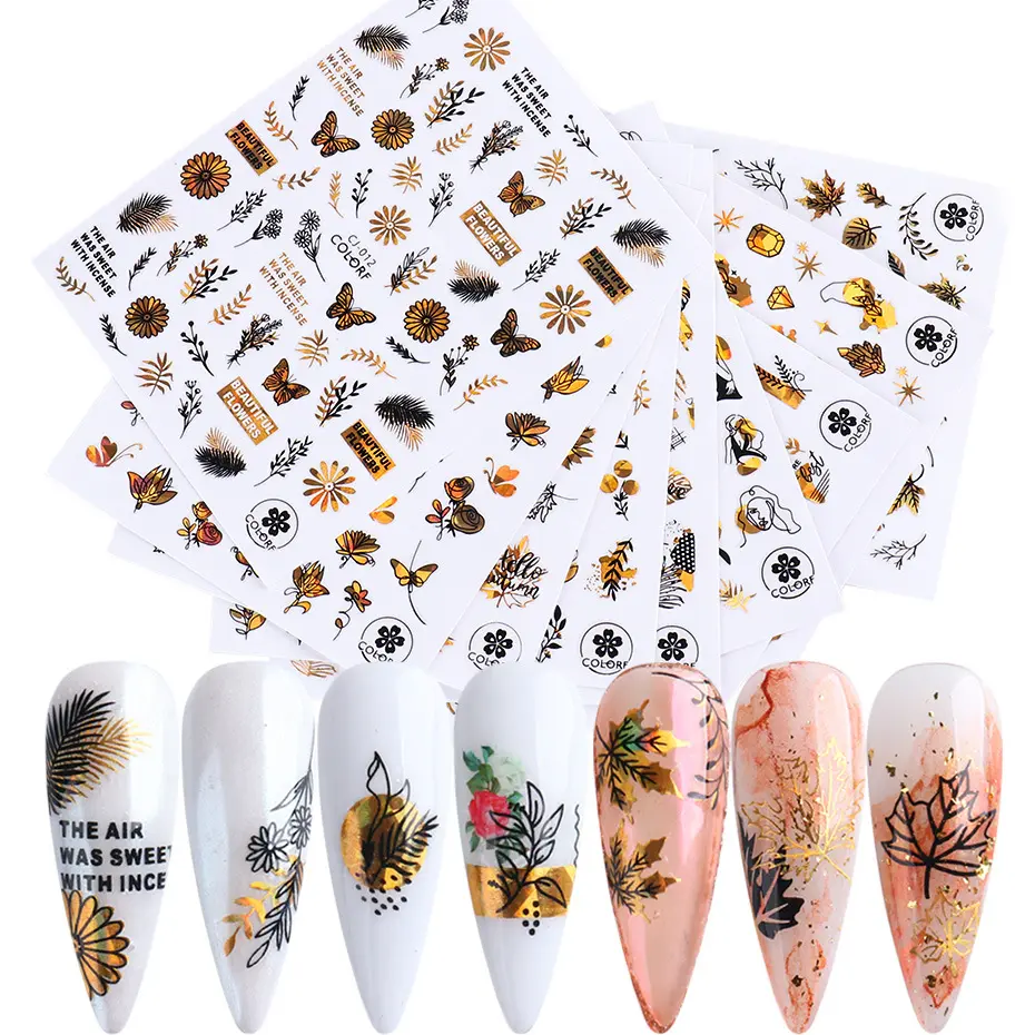 New 3D Laser Gold Self-Adhesive Nail Art Stickers Autumn Decorations Leaf Butterfly Abstract Face Flowers Nail Decals