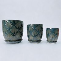 Ensemble de 3 pots de plantes en céramique, ronds, bleus brillants, avec soucoupes, pour une utilisation en intérieur, en extérieur, à la maison ou au jardin