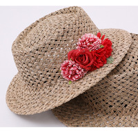 Chapeau de paille ajouré respirant à motif rose champêtre pour femme, à large bord, idéal pour l'été, la plage, la protection solaire et les séances photo